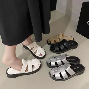Thick-bottomed cool slippers women s 2024 spring new comfortable woven Roman flat-bottomed bag head one pedal hollow slippers women 35 хаки