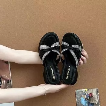 Thick-bottomed cool slippers women s summer outer wear high-end new summer beautiful rhinestone wedge slippers 35