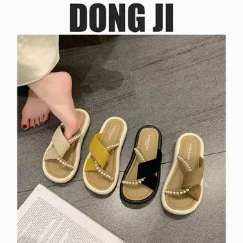 Thick-bottomed fairy wind slippers female summer 2025 new fashion beaded open-toed outer wear muffin one-word cool slippers 35 хаки