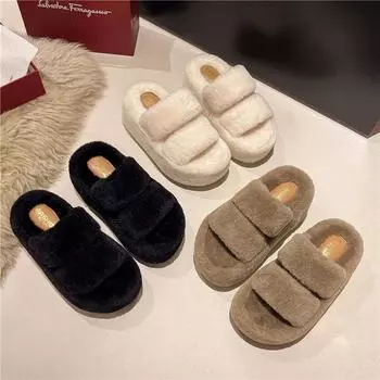 Thick-bottomed hairy drag women 2024 autumn and winter new fashion temperament one-word drag niche design sense trendy cotton drag 33 чёрный