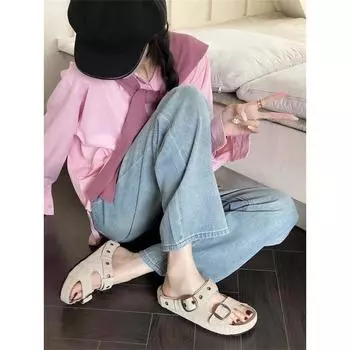 Thick-bottomed heightening Boken cool slippers women s summer new leather flat-bottomed casual belt buckle one-word slippers 35