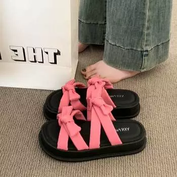 Thick-bottomed one-word slippers for women s summer wear, new pink bow with skirt 35 розы красного