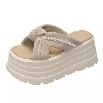 Thick-bottomed pearl slippers women s fashion outer wear 2025 summer new versatile height increase 9cm bow muffin sandals 34