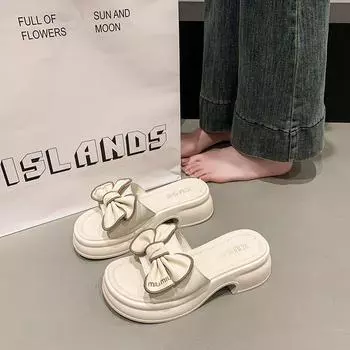 Thick-bottomed slippers women summer wear Internet celebrities thick-bottomed bows one-word slips heightening fashion super fire fairy wind sandals 35 чёрный