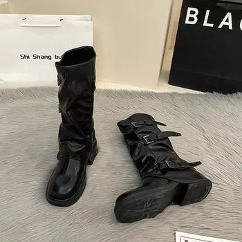 Thick-bottomed washed leather trousers Martin boots women s new belt buckle medium tube stacking boots retro western cowboy boots 35