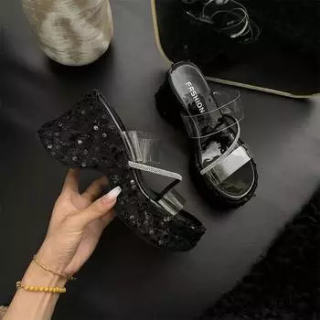 Thick-bottomed wedge slippers women s new summer outer wear fashion sequins transparent one-word set toe high-heeled sandals women 34