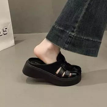 Thick-bottomed woven bag head and half slippers for women s 2025 summer new outer wear muffin bottom to increase the fashion and high sense of sandals 34