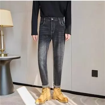 Thick Denim Pants Men Slim Fit Straight Small Leg Jeans Solid Color Casual Pants Men 29 синий