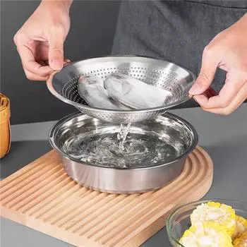 Thick double layer drainage basin German style 304 stainless steel basin drain basket Vegetable washing and rice washing basin