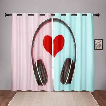 Thick Earphone Red Heart Pink Blackout Window Curtain for Bedroom Living Room Bathroom Kicthen Door Hall Home Hooks High Shading W55 X H120cm X 2&HOOK