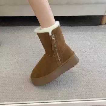 Thick fleece snow boots fur integrated Martin boots women s winter fleece thickened sole short boots warm cotton boots non-slip large cotton shoes 35 коричневый