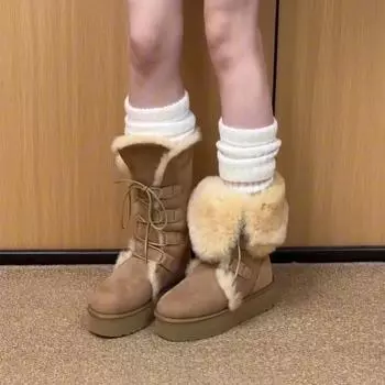 Thick hairy warm snow boots women s medium tube lace-up thick bottom non-slip outer wear hairy cotton boots 35 малиновый
