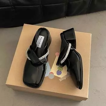 Thick heel bag head cool slippers new fashion with skirt wedge half slippers summer outer wear leather shoes 35