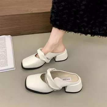 Thick heel bag head slippers women s summer wear new versatile square head middle heel with half slippers 35