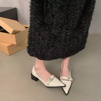 thick heel black pointed high heel single shoes women s 2025 new small leather shoes retro commuter loafers shoes 35 чёрный