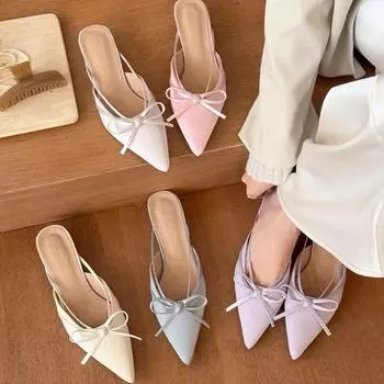 Thick heel bow baotou half slippers fairy shoes spring and summer 2025 satin half tray single shoes 35 чёрный