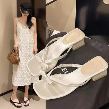 Thick heel bow slippers fairy outer wear 2025 new summer French beautiful small sandals toe vacation sandals 35 абрикосовый