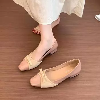 Thick heel fairy patent leather bow single shoes light mouth square head commuting splicing low heel shoes gentle red nude 35
