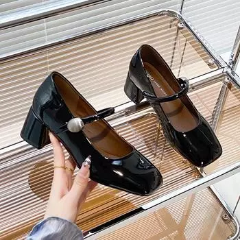 Thick heel height increase Mary Jane shoes women s summer new fashion square head light mouth small leather shoes one-word buckle 34