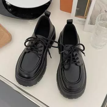 Thick heel heightened thick sole small leather shoes women s spring and summer retro lace-up single shoes round head women s shoes 35 матовый черный