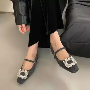 Thick heel high heel black square head rhinestone single shoes women s shoes 2024 new autumn and winter plush Mary Jane Mao shoes 35