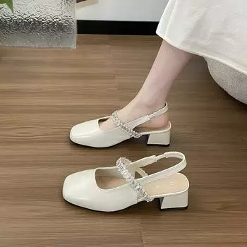 Thick heel Mary Jane bag head sandals women s summer new rhinestone one-word square head light mouth single shoes 35