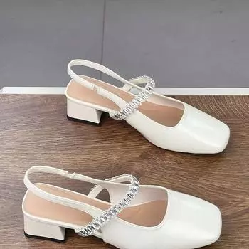 Thick heel Mary Jane bag head sandals women s summer new rhinestone word with square head light mouth sandals 35