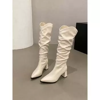 Thick heel pleated pile long knight boots women s shoes new spring and autumn western thin tall boots 35