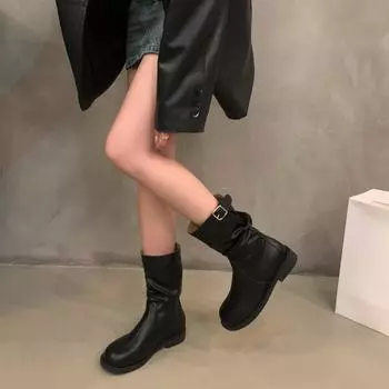 Thick heel retro medium boots knight boots women s shoes 2025 new autumn and winter piled small short boots Martin boots 35 коричневый