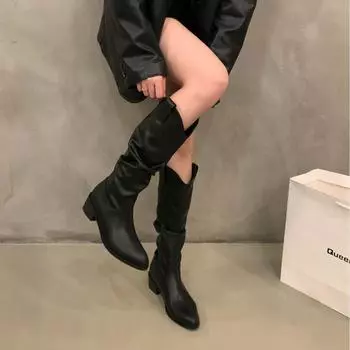 Thick heel retro V-mouth stacked medium boots women s shoes 2024 new autumn and winter pointed western denim boots 35