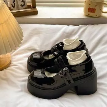Thick heel round head leather surface new double buckle versatile small leather shoes student height increase JK leather shoes 35
