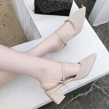 Thick heel sandals women s shoes 2025 summer new Internet celebrity two wear lazy fashion pointed heel beating bag head slippers 37 чёрный
