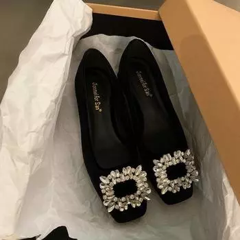 Thick heel shallow mouth single shoes women s 2024 new temperament rhinestone with skirt square head high heels workplace commuter women s shoes 35