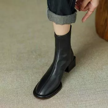 Thick heel short boots women s autumn and winter boots retro 2025 new round head rear zipper thin boots 34 чёрный