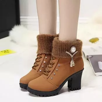 Thick Heel Short Tube Platform Boots 2024 New Winter Outdoor Women s Boots Warm Leather Boots Waterproof Women s Snow Boots Goth 35 чёрный