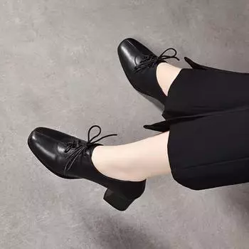 Thick heel small leather shoes women s autumn new simple temperament round head middle heel deep mouth single shoes cowhide work shoes leather shoes 34