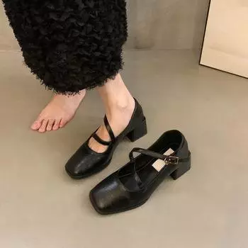Thick Heel Square Head Leather Shoes Women s British Spring and Autumn Shoes Shallow Mouth Single Shoes Women s Temperament Retro High Heels 35 чёрный
