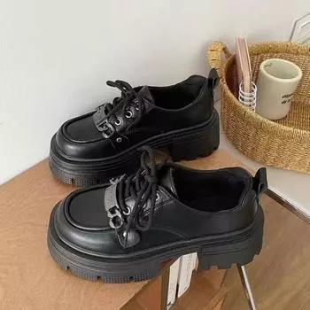thick heel thick sole black spring new lace-up single shoes women s glossy uniform leather shoes 35