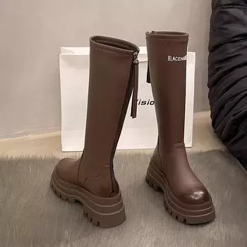 толстый каблук толстая подошва сапоги женские молния сзади мода темперамент модные сапоги простые и удобные уличные рыцарские сапоги прилив 35 чёрный