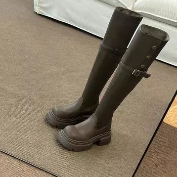 Толстый каблук, толстая подошва, рыцарские сапоги, женские, 2024, новые, европейские, модные, темпераментные, длинные сапоги, британский стиль, кожаные сапоги, прилив 35 хаки