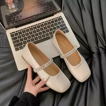 Thick heel with light mouth single shoes women s new summer mid-heel square head rhinestone Mary Jane small leather shoes 35