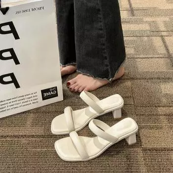 thick heel with small cool slippers women s summer 2025 new wear retro temperament high heels sandals 35 бежевый