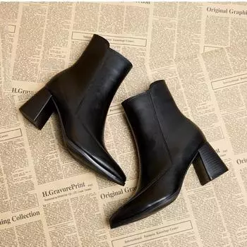 Thick Heel Women Short Boots Fashion Zipper Slimming Ankle Booties Retro Style Autumn Winter Female Pointed Toe Women Boots 35