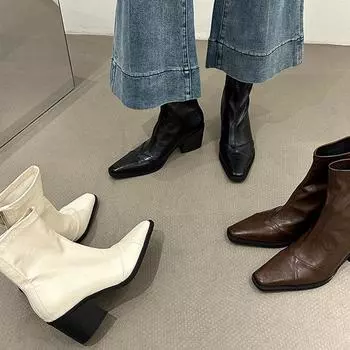 Thick-heeled short boots women s new 2024 autumn and winter women s boots square boots short boots rear zipper thin boots high heels 35 чёрный
