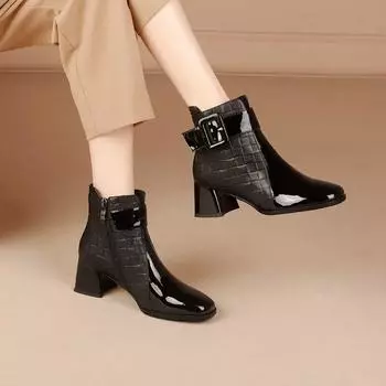 Thick Heels Platform Short Boots Women Ankle Boots Fashion Summer New Female Shoes Retro Belt Buckle Work Shoes 35 чёрный