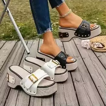 Thick High Heeled Sandals Women Summer Thick High Heeled Rivets Straight Strap Women 42EU/CN43 белый