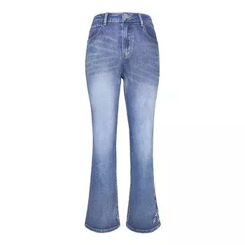 Thick Jeans High-waisted Trousers with Embroidered Slim Slim Trousers S синий