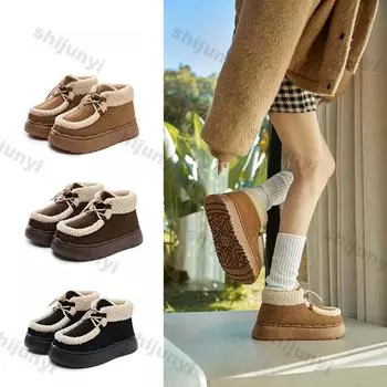 Thick Plush Warm Winter Cotton Shoes for Women Fashion Lace Up Faux Fur Ankle Boots Woman Platform Non-slip Warm Plush Snow Boot 36-37 светло-коричневого