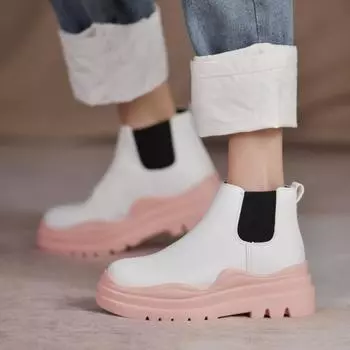 Толстые подошвы челси ботинки женские натуральная кожа мотоциклетные ботинки 2024 обувь на платформе женские плоские короткие ботинки женскиеdt6 35 чёрный