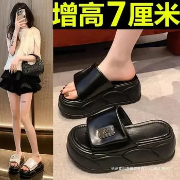 Thick sole height increase 7cm muffin slippers women 2025 summer new outer wear small light small size 34 beach shoes 34 белый